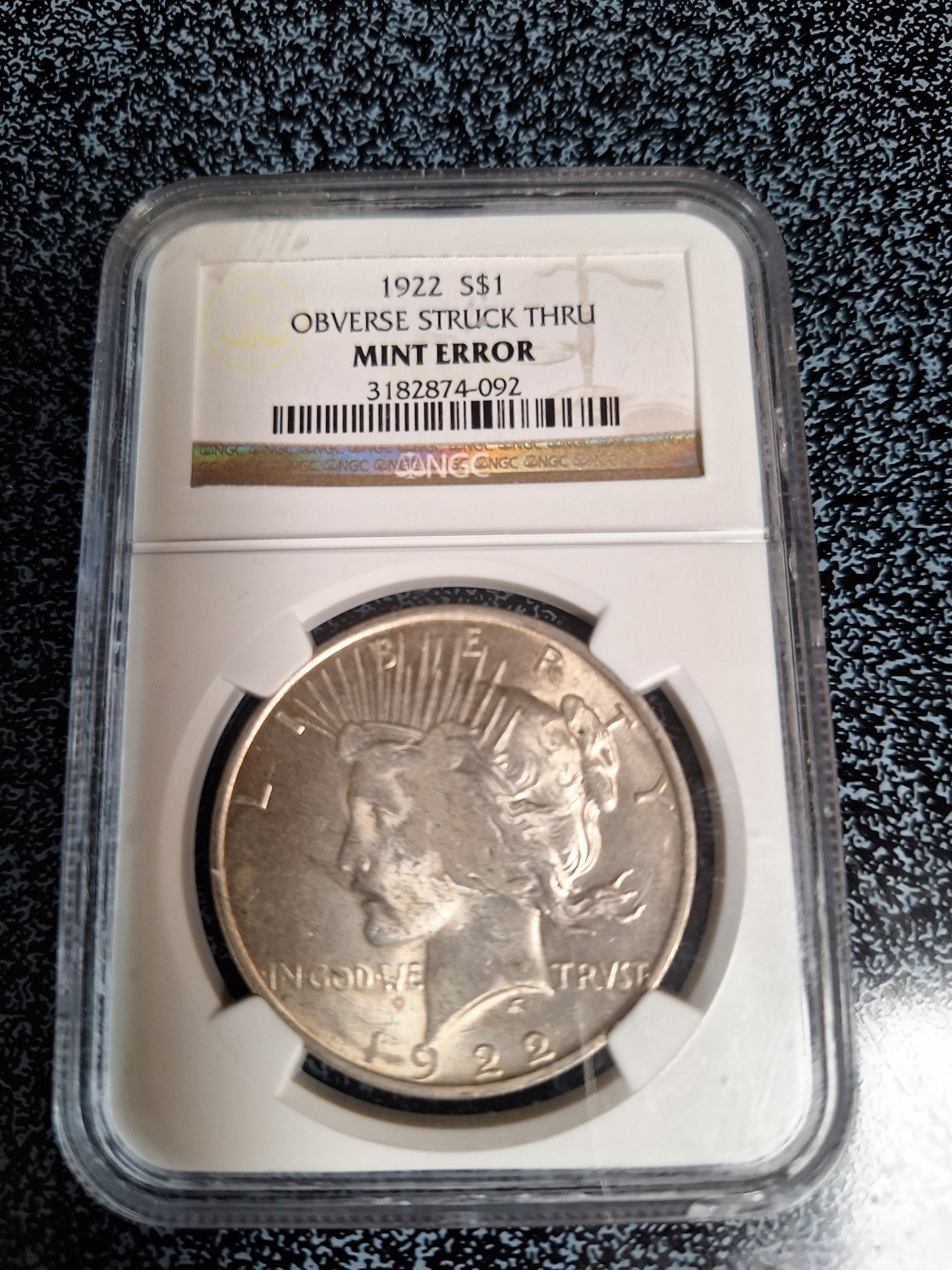 1922 SILVER PEACE DOLLAR OBVERSE STRUCK THUR MINT ERROR