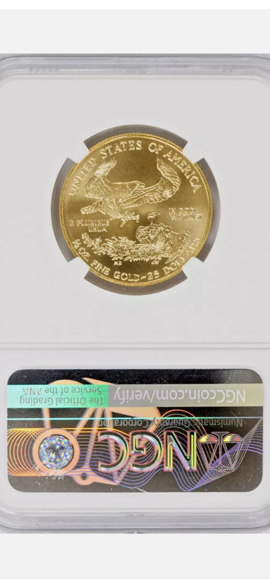 1998 $25 1/2 OZ .999 GOLD EAGLE MS69 MINT ERROR OBVERSE STRUCK THRU NGC-MULE