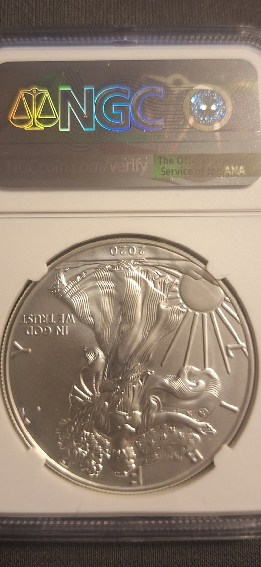 2020 BURNISHED SILVER EAGLE W MS69 MINT ERROR REVERSE STRUCK THRU