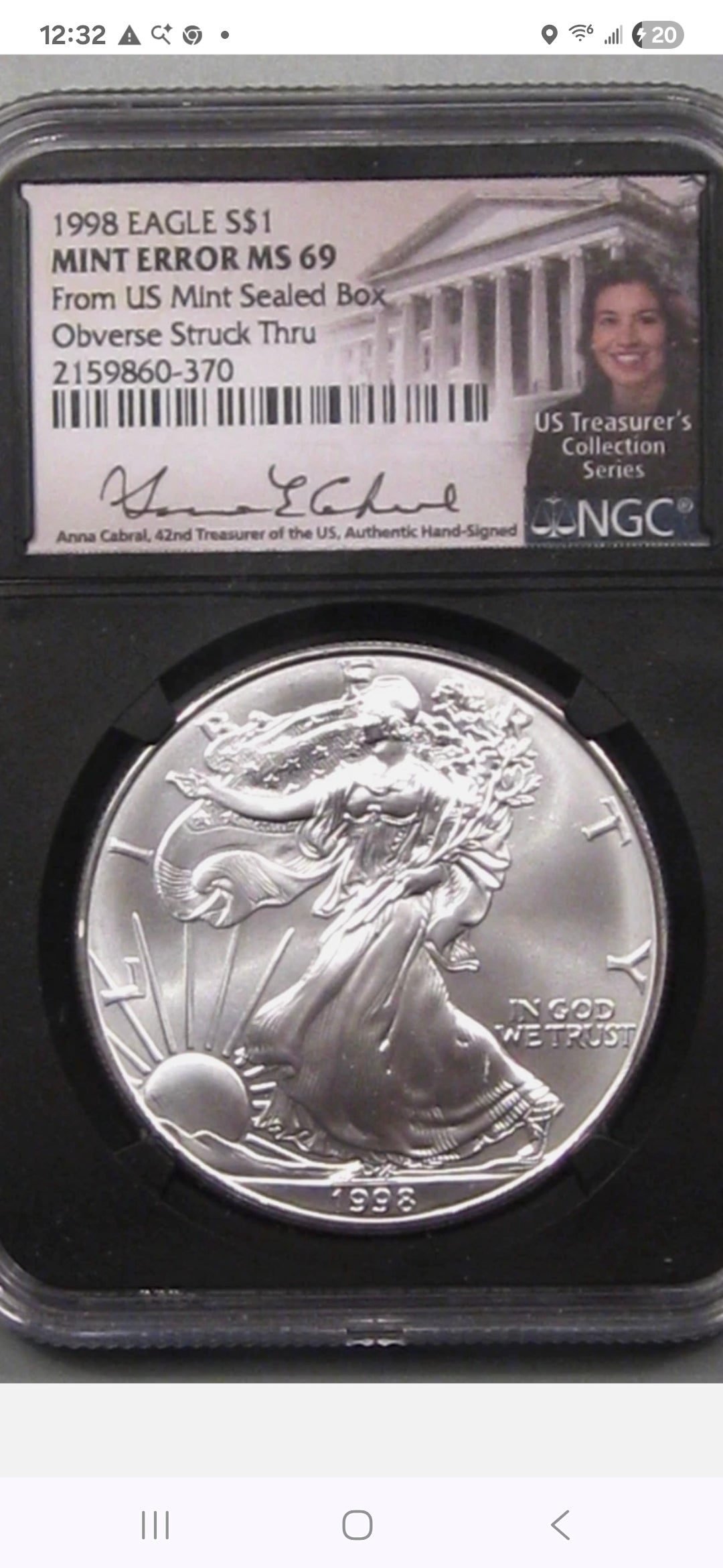 1998 $1 silver eagle ms69 mint error signed by Cabral ngc - mule