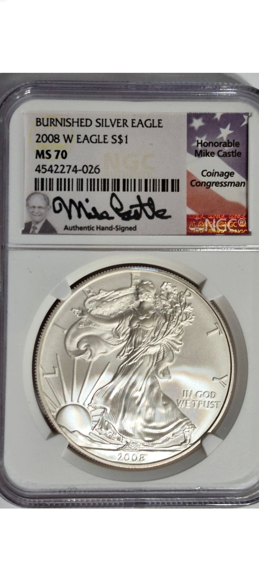 2008 $1 SILVER EAGLE SP70 NCG MIKE CASTLE