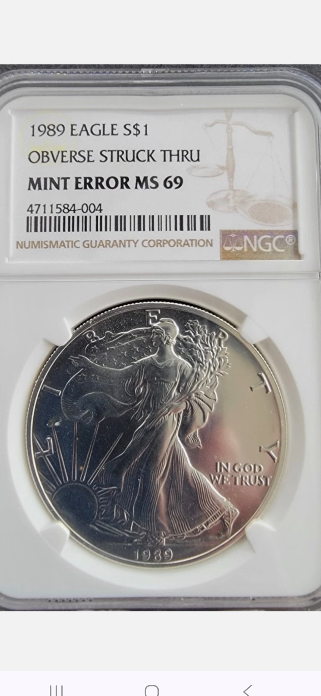 1989 $1 AMERICAN SILVER EAGLE MS69 MINT ERROR NGC