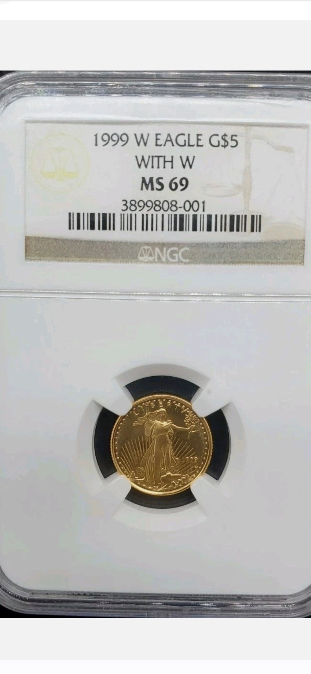 1999 $5 GOLD EAGLE MS69 MINT ERROR STRUCK WITH UNFINISHED PROOF DIES WITH W NGC