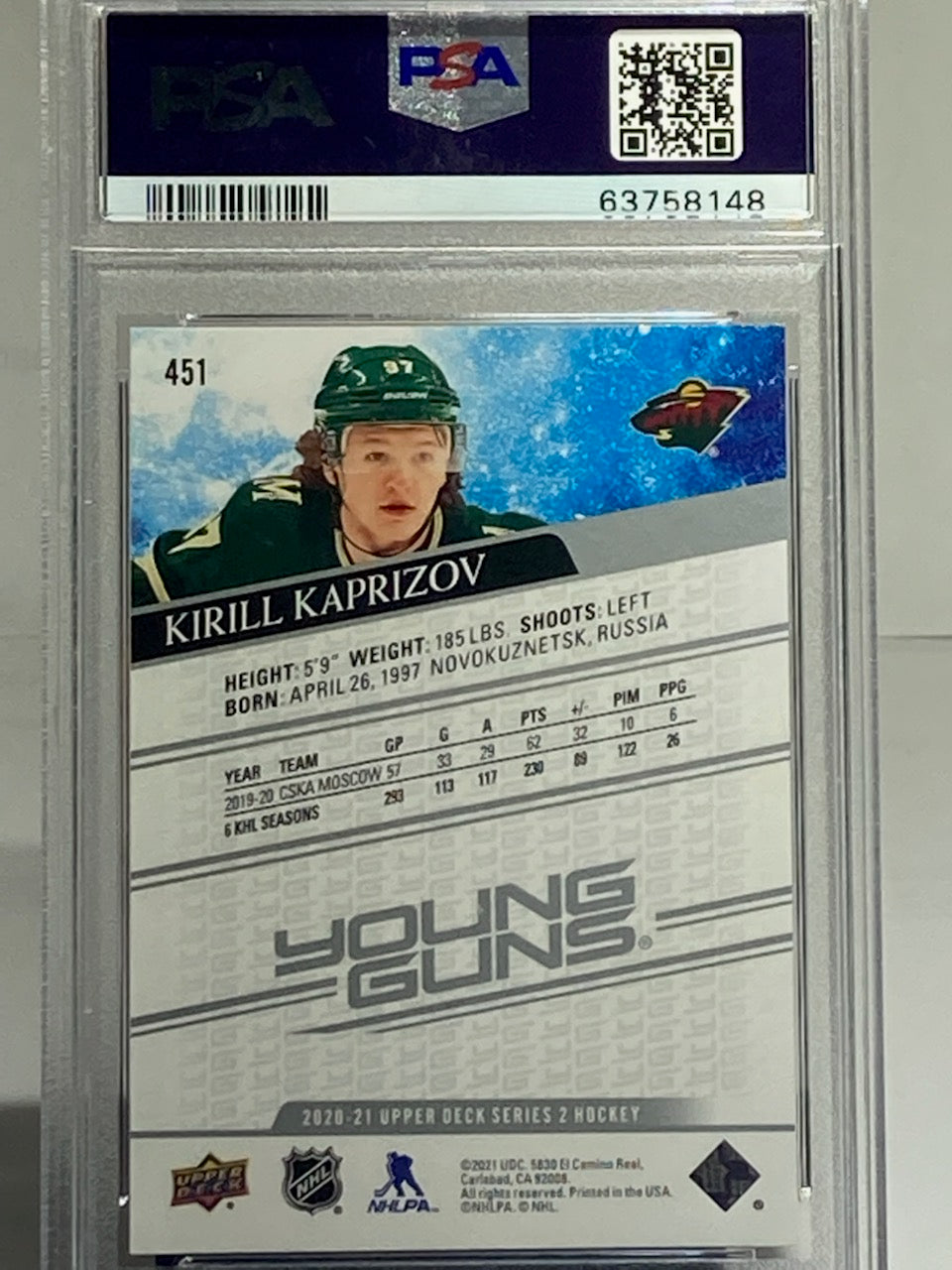 2020 UPPER DECK KIRILL KAPRIZOV ROOKIE #451 PSA GRADED 9 MINT - Goldstar Mint