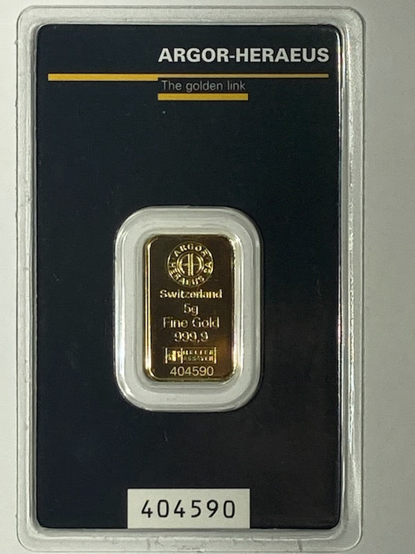 .999 SWITZERLAND 5 GRAM GOLD BAR - ARGOR-HERAEUS - Goldstar Mint