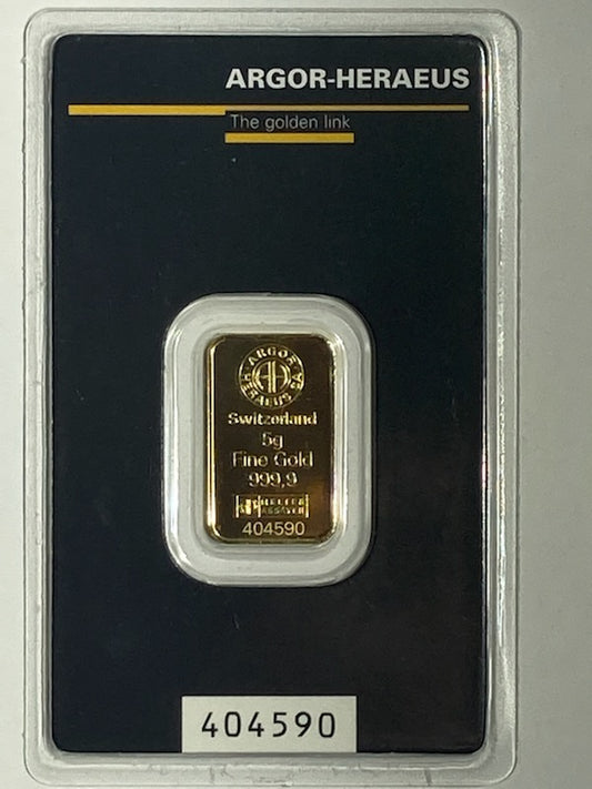 .999 SWITZERLAND 5 GRAM GOLD BAR - ARGOR-HERAEUS - Goldstar Mint 