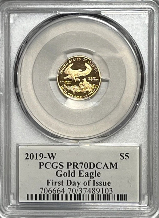 2019 (W) $5 PCGS PR70 DCAM GOLD EAGLE FIRST DAY ISSUE SIGNED BY ED MOY - Goldstar Mint