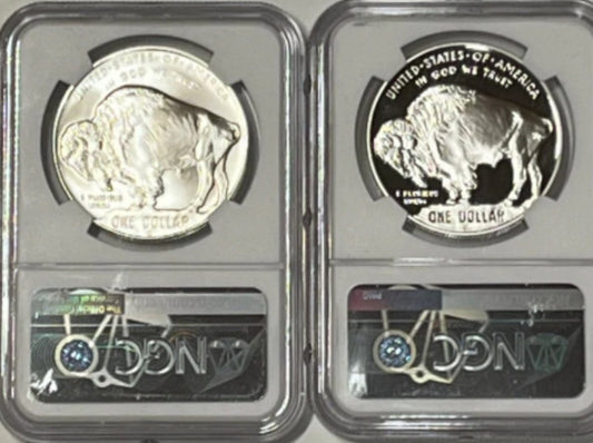 2001 D&P MINT $1 BUFFALO NGC 2 COIN SET MS/PF70 SIGNED KENNETH BRESSETT - Goldstar Mint