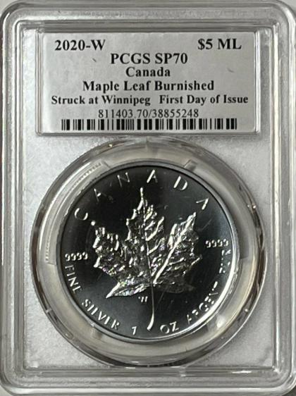 2020 W PCGS $5 MAPLE LEAF BURNISHED SP70 FDI WINNIPEG MINT - Goldstar Mint