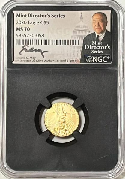 2020 W $5 GOLD EAGLE NGC 1/10TH OZ MS70 "MINT DIRECTORS SERIES - ED MOY - Goldstar Mint