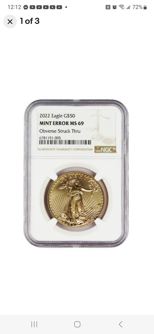 2022 W $50 1 OZ AGE MS69 MINT ERROR OBVERSE STRUCK THRU - MULE- NGC
