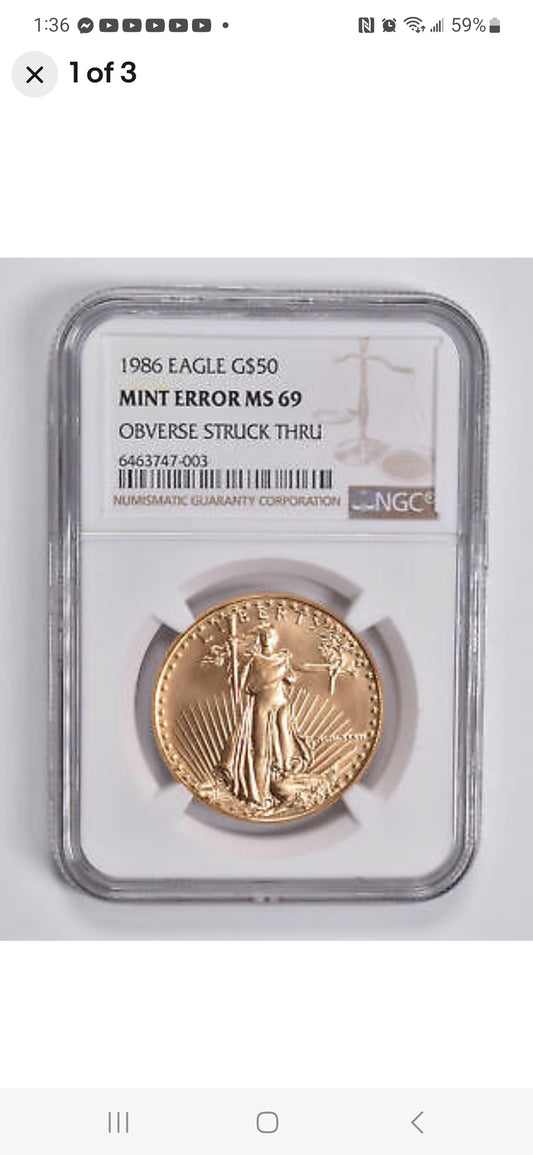 1986 $50 1 OZ .999 AGE MS69 MINT ERROR-OBVERSE STRUCK THRU "FIRST YEAR OF ISSUE" NGC-MULE