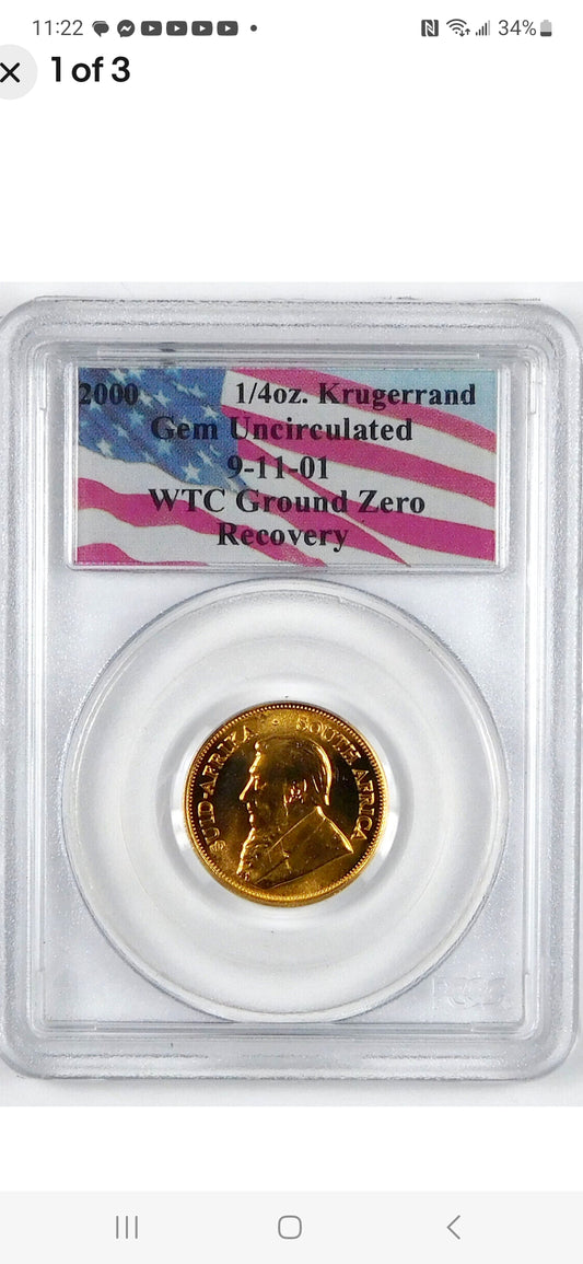 2000 S.AFRICA KRUGERRAND GEM UNC 1/4th OZ GOLD WTC RECOVERY 9-11-01 PCGS