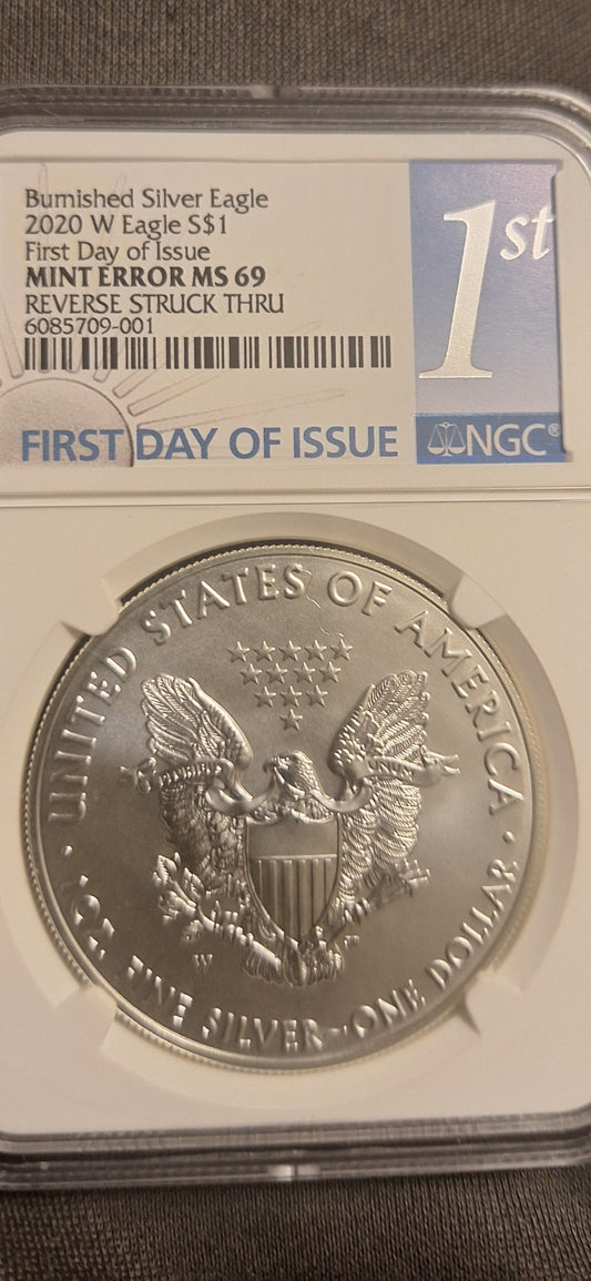 2020 BURNISHED SILVER EAGLE W MS69 MINT ERROR REVERSE STRUCK THRU