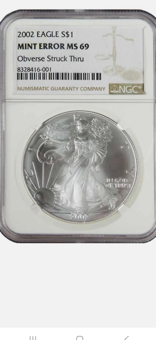 2002 $1 SILVER EAGLE MS69 MINT ERROR NGC