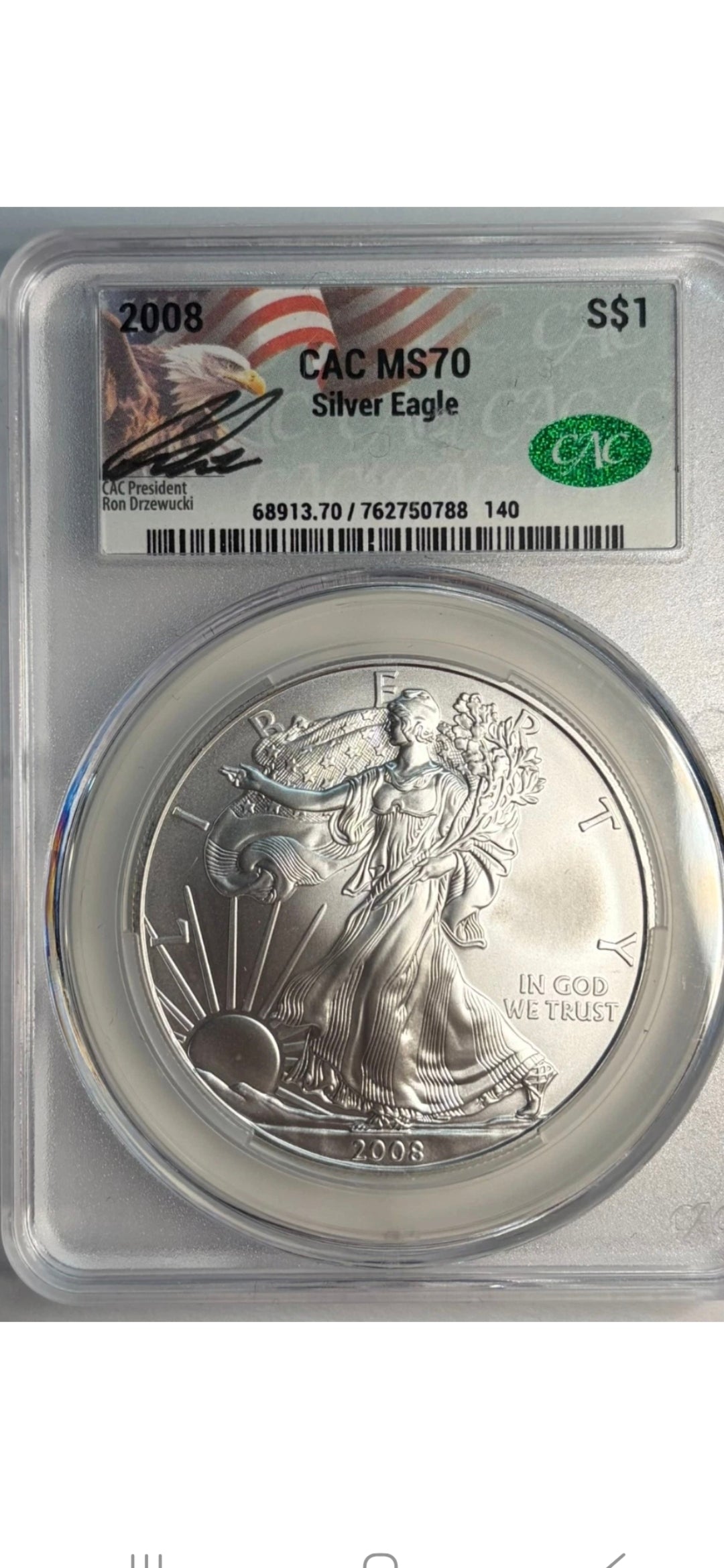 2008 SILVER EAGLE MS70 CAC