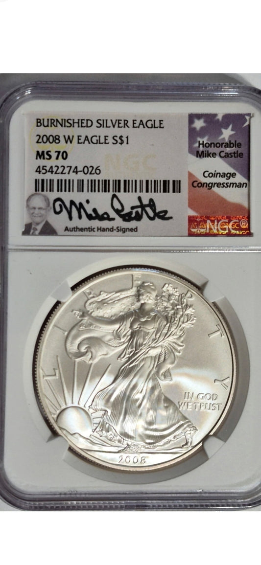 2008 $1 SILVER EAGLE SP70 NCG MIKE CASTLE
