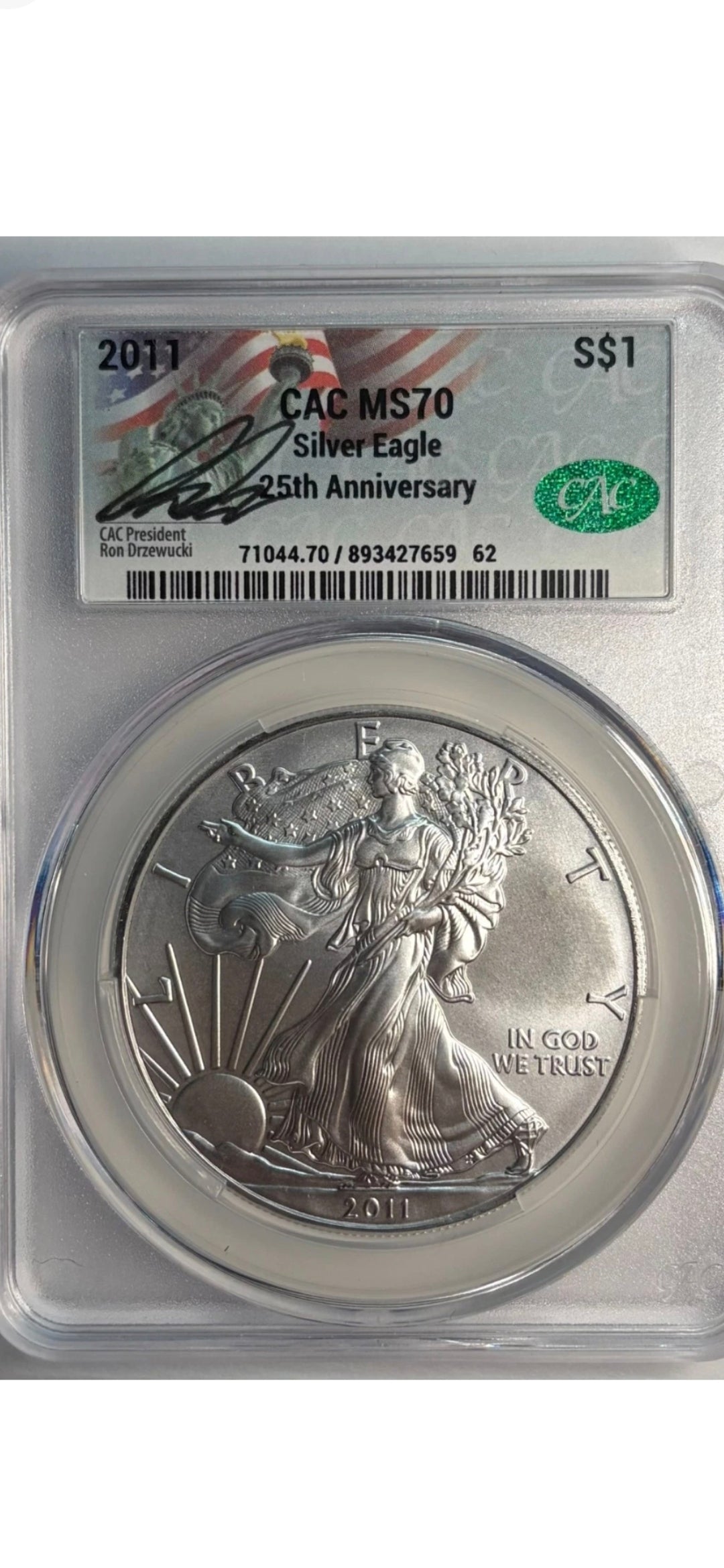 2011 $1 SILVER EAGLE MS70 CAC 25TH ANNIVERSARY
