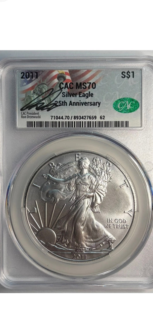 2011 $1 SILVER EAGLE MS70 CAC 25TH ANNIVERSARY