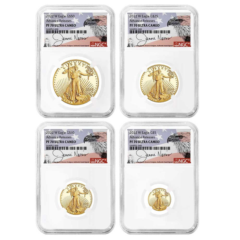 2021 W EAGLE G- NGC  4 COIN TYPE SET PF70 ULTRA CAMEO "ADVANCED RELEASES" SIGNED BY JENNIE NORRIS - Goldstar Mint 