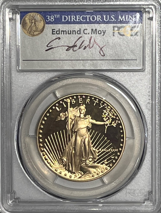 1986-W PCGS PR70DCAM Gold Eagle $50 .999 1oz gold Signed Edmund C. Moy (FIRST YEAR OF ISSUE) - Goldstar Mint
