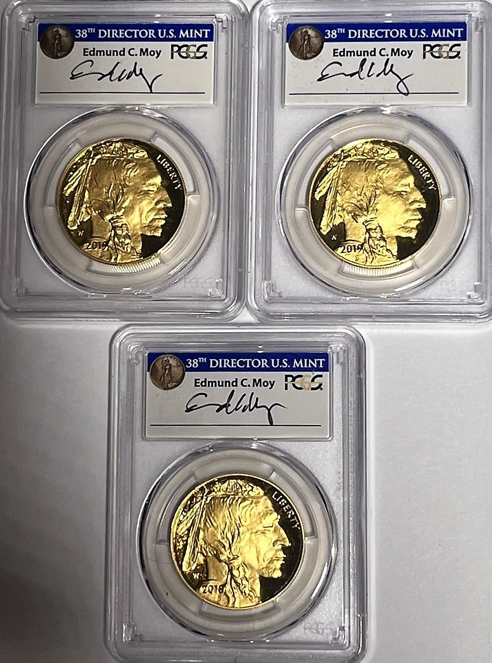 2019-W $50 PCGS PR70DCAM American Buffalo- First Day of Issue- 3 coin set- Phil.Den.DC Signed by ED MOY - Goldstar Mint 