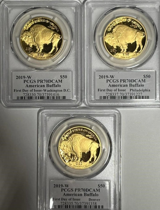 2019-W $50 PCGS PR70DCAM American Buffalo- First Day of Issue- 3 coin set- Phil.Den.DC Signed by ED MOY - Goldstar Mint