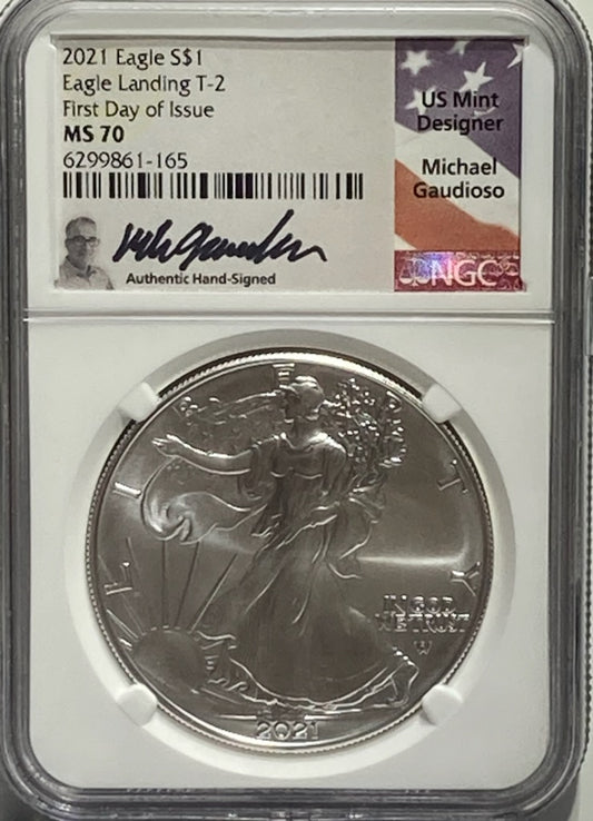 2021 ASE $1 NGC MS70 FDI SIGNED BY MICHAEL GAUDIOSO - Goldstar Mint