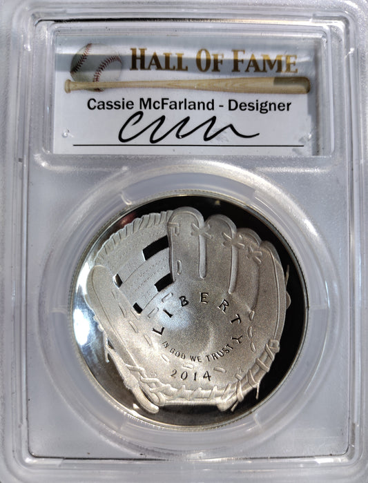 2014-P PCGS PR70DCAM Baseball Hall of Fame First Strike $1 Signed by Cassie McFarland - Goldstar Mint
