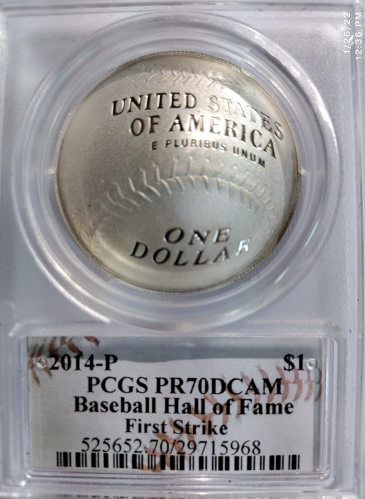 2014-P PCGS PR70DCAM Baseball Hall of Fame First Strike $1 Signed by Cassie McFarland - Goldstar Mint