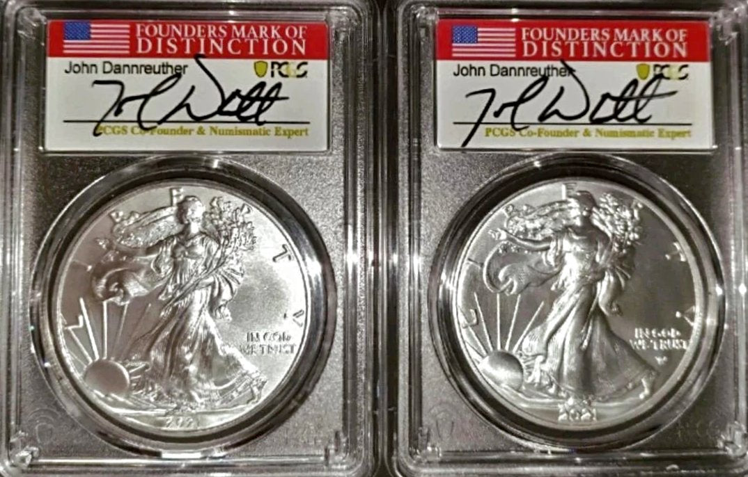 2021 Silver Eagle-Type 1/Silver Eagle-Type 2 First Day of Issue 2 coin set Signed by John Dannrether - Goldstar Mint 