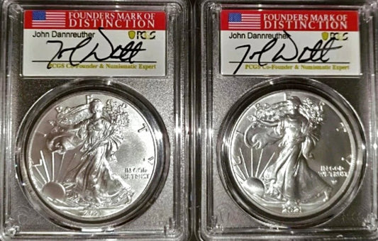2021 Silver Eagle-Type 1/Silver Eagle-Type 2 First Day of Issue 2 coin set Signed by John Dannrether - Goldstar Mint