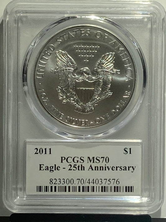 2011 W 1$ PCGS SILVER EAGLE MS70 "25TH ANNIVERSARY " SIGNED BY LEN BUCKLEY - Goldstar Mint