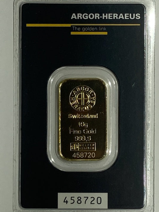 .999 SWITZERLAND 10 GRAM GOLD BAR- ARGOR-HERAEUS - Goldstar Mint 