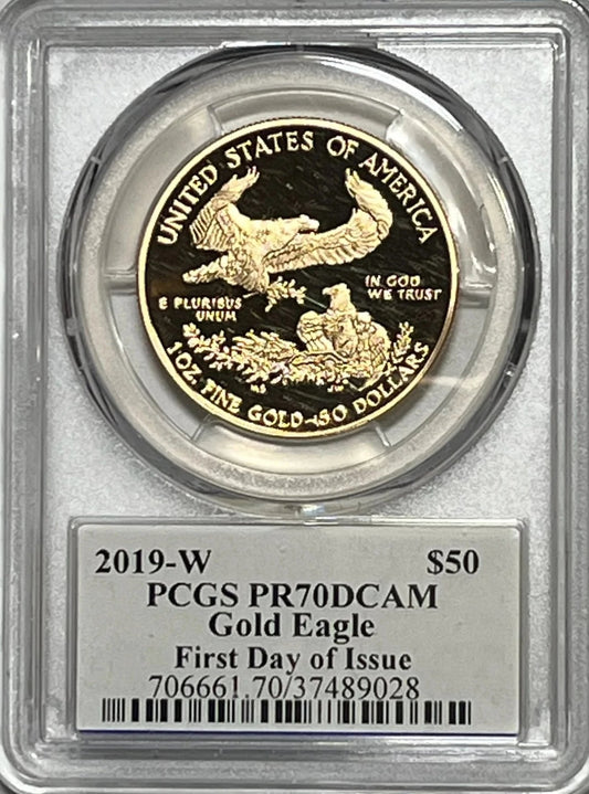 2019 (W) $50 PCGS PR70 DCAM GOLD EAGLE FIRST DAY OF ISSUE SIGNED BY ED MOY - Goldstar Mint