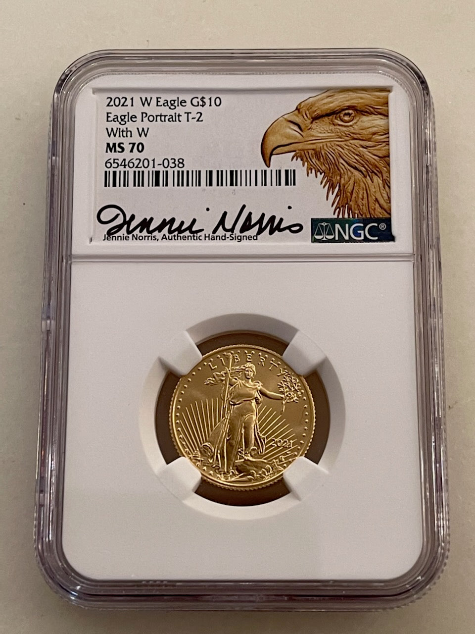 2021W EAGLE G $10 NGC  MS70 T-2 WITH "W" ERROR COIN- MULE SIGNED BY JENNIE NORRIS - Goldstar Mint 