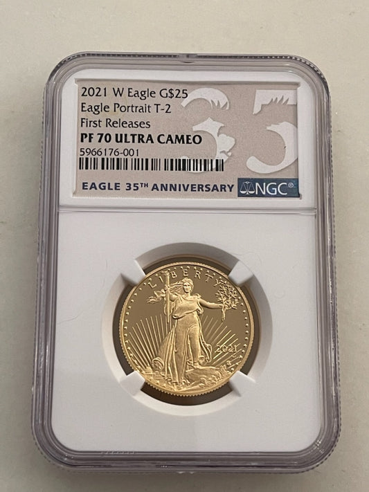 2021 W NGC EAGLE G $25 T-2 1/2 OZ PF70 ULTRA CAMEO FIRST RELEASES- 35TH ANNV. - Goldstar Mint