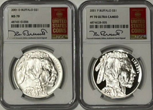 2001 D&P MINT $1 BUFFALO NGC 2 COIN SET MS/PF70 SIGNED KENNETH BRESSETT - Goldstar Mint