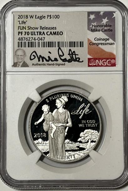 2018 W $100 PLATINUM EAGLE PF70 ULTRA CAMEO " FUN SHOW RELEASE " SIGNED BY MIKE CASTLE - Goldstar Mint