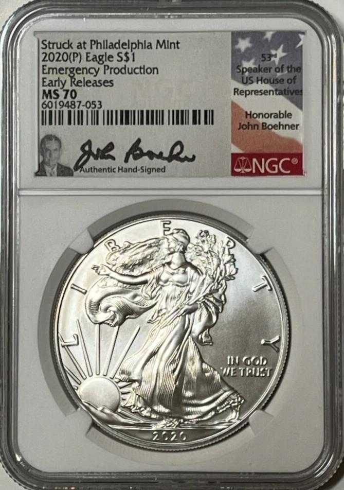 2020 (P)$1 SILVER EAGLE NGC MS70 "EMERGENCY PRODUCTION " SIGNED JOHN BOEHNER - Goldstar Mint 