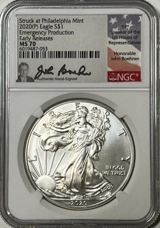 2020 (P)$1 SILVER EAGLE NGC MS70 "EMERGENCY PRODUCTION " SIGNED JOHN BOEHNER - Goldstar Mint